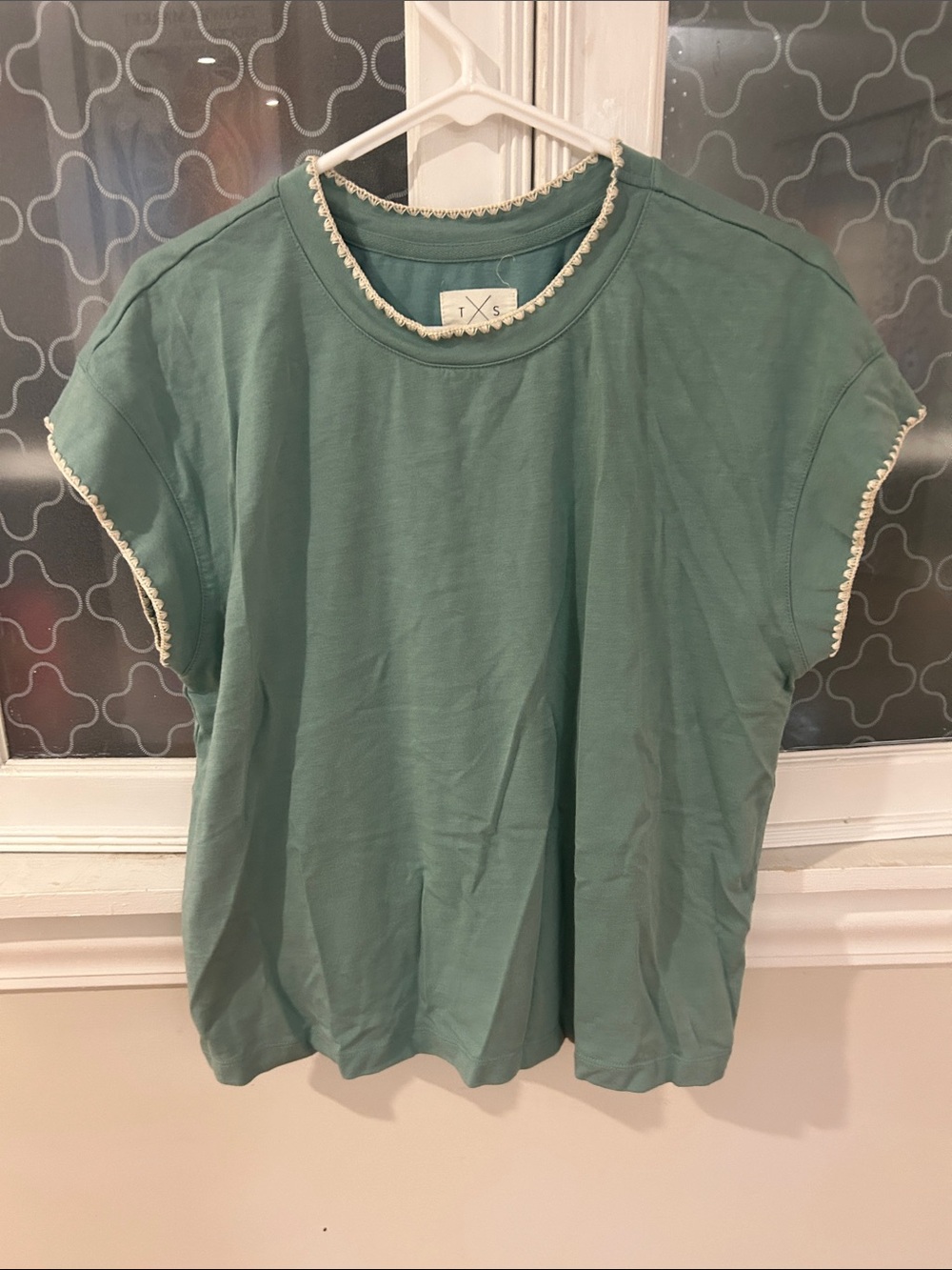 Thread and Supply Green Crochet-Trim Cap Sleeve Top